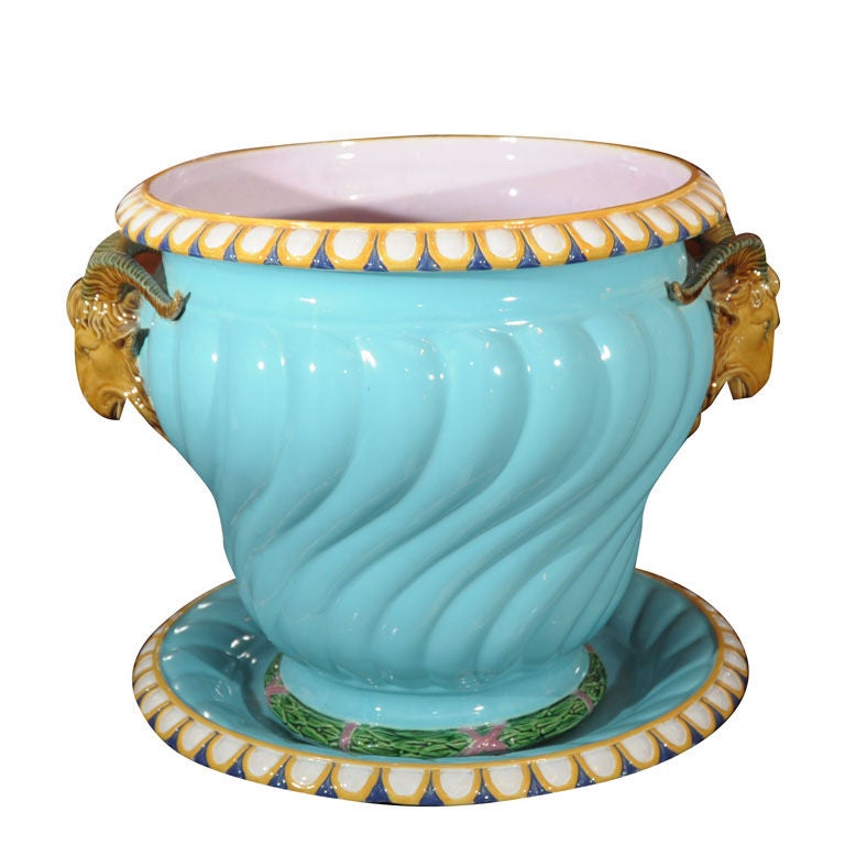 Majolica Pot with Ram's Heads by Minton
