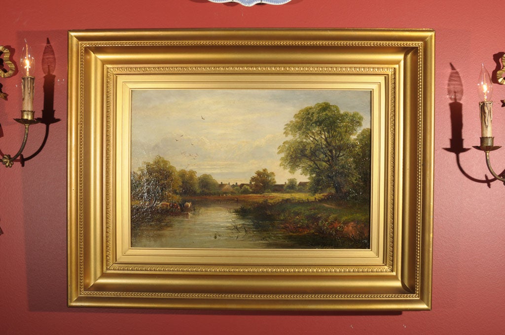 A landscape painting of a rural scene by the distinguished English painter, David Payne, whose work flourished between the years 1879-1891.<br />
<br />
David Payne, a skilled painter of landscapes, actively exhibited in England from 1882-1891. In