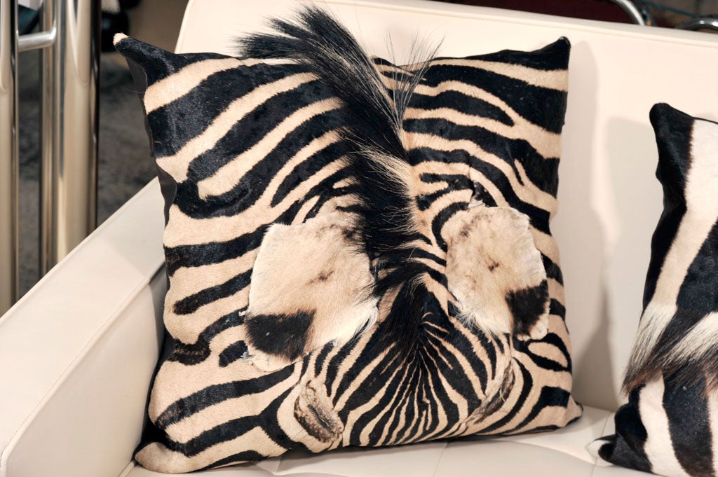 Modern Zebra Hide Pillow with Brown Italian Lambskin Leather