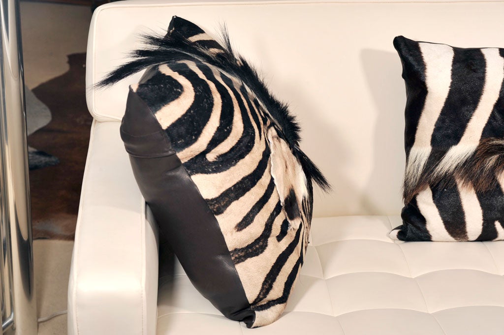 South African Zebra Hide Pillow with Brown Italian Lambskin Leather