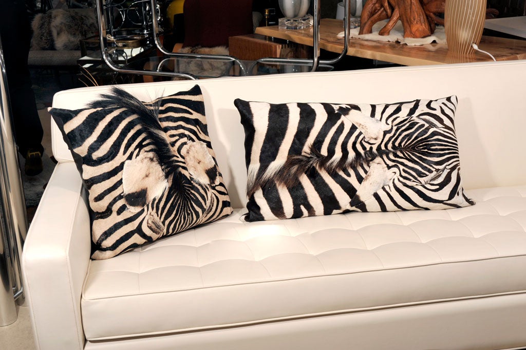 Zebra Hide Pillow with Brown Italian Lambskin Leather In Good Condition In New York, NY