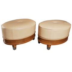 1960s Pair of French Leather Oval Ottomans