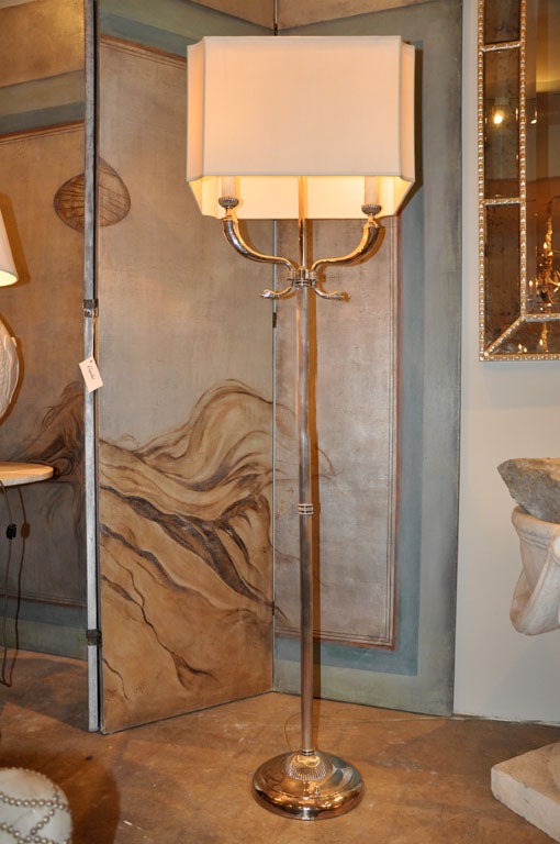 20th Century Circa 1920's Dolphin Silver Plated Floor Lamp with Silk Shade For Sale