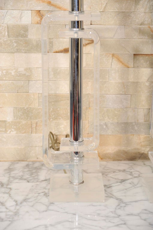 pair of  "Greek Key"  lucite table lamps with chrome accents