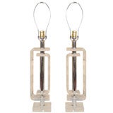 pair of  "Greek Key"  lucite table lamps with chrome accents
