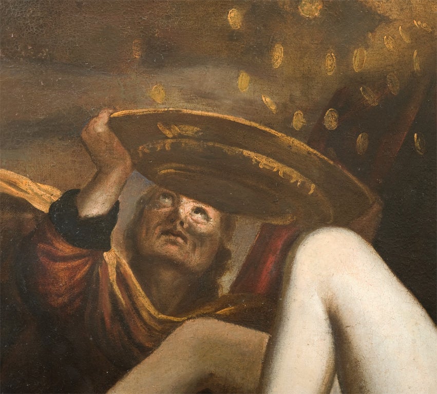 This restored early 19th century painting portrays the mythological tale of Danae being seduced by the god Zeus.<br />
The story tells of Zeus's descent from Mt. Olympus in a shower<br />
of gold.Unsigned.