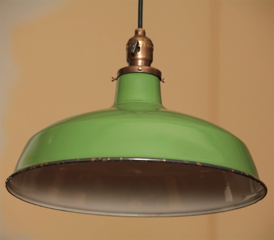 Mid-20th Century A Matched Pair of Light Green Enamel Pendant Fixtures
