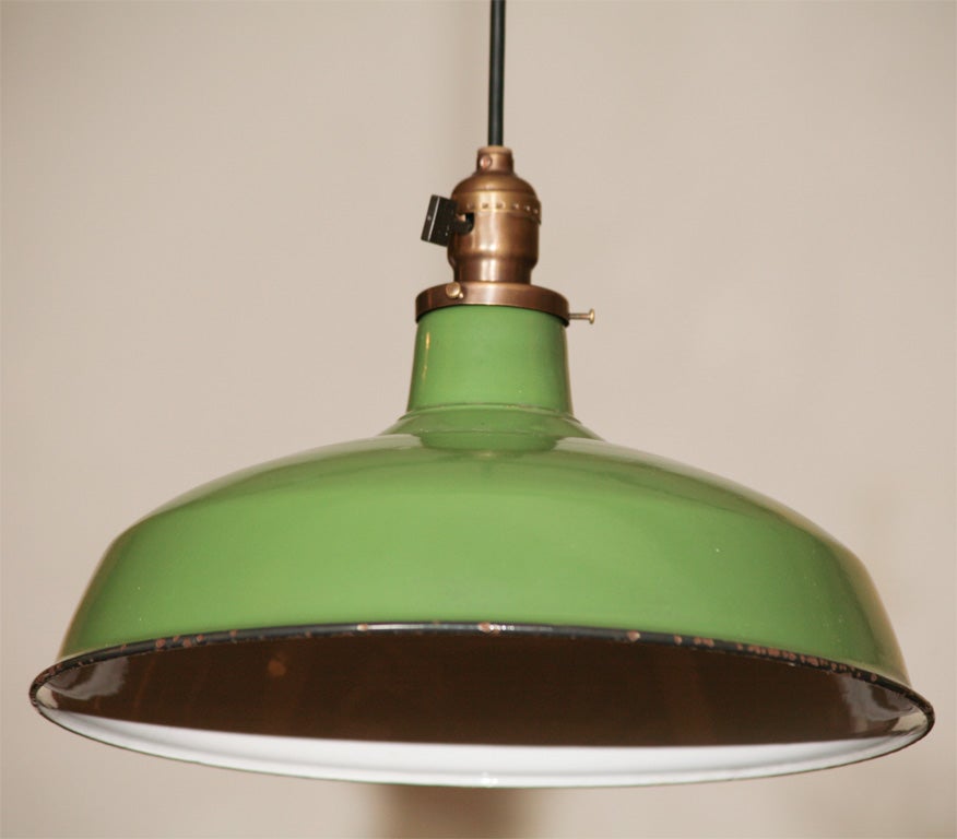 Brass A Matched Pair of Light Green Enamel Pendant Fixtures