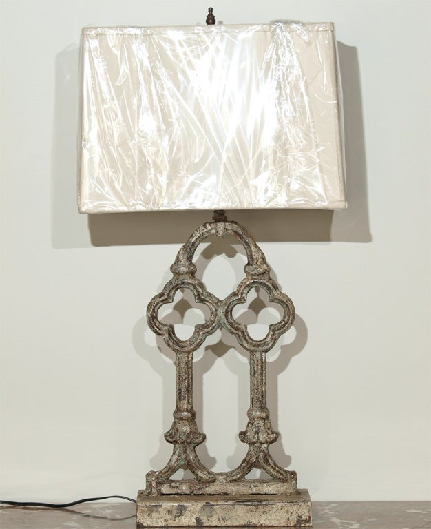 Table lamp made of an old French iron fence with a square linen shade