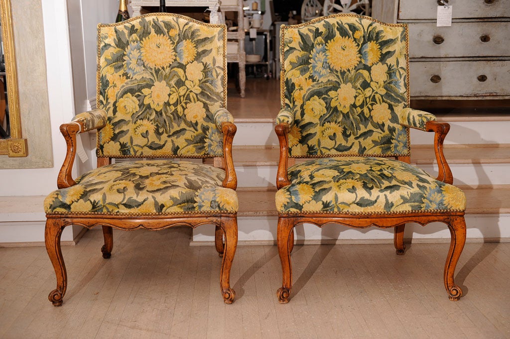 Pair of Regence Style Fruitwood Fauteuils Covered in Green and Yellow Faux Petit Point Fabric