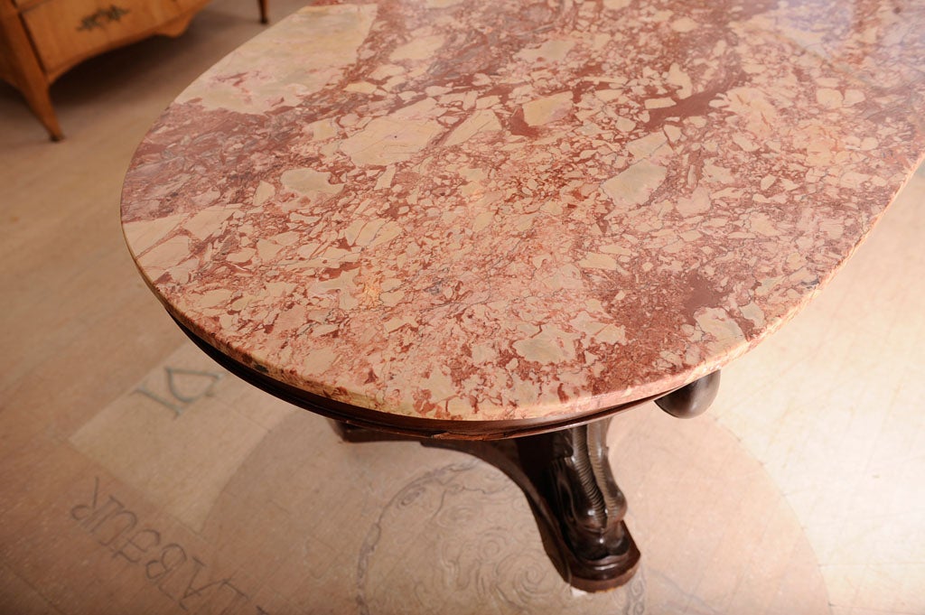 19th Century Italian Dolphin Oval Table with Rose Marble Top For Sale