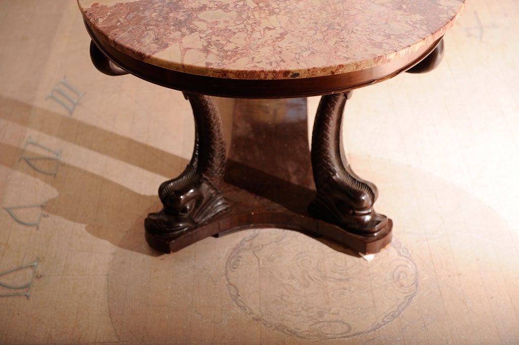 Wood Italian Dolphin Oval Table with Rose Marble Top For Sale