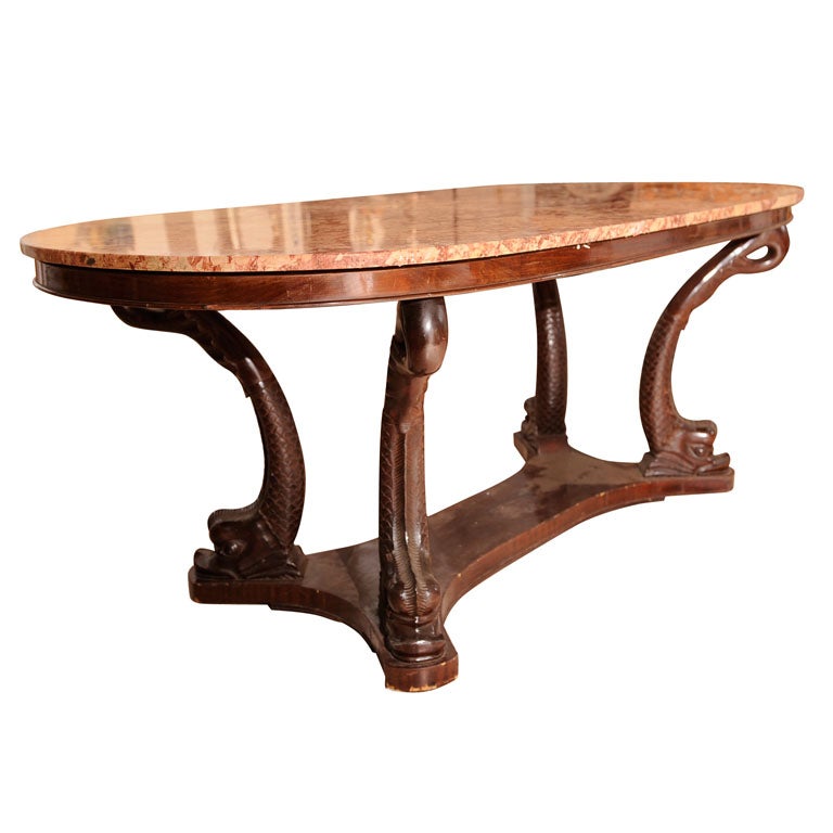 Italian Dolphin Oval Table with Rose Marble Top For Sale