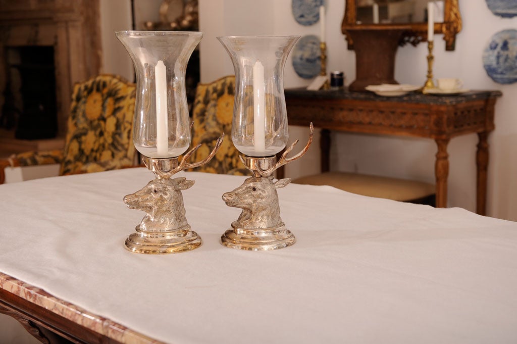 Pair of Deer Head Silver Plated Hurricane Lamps