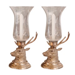Antique Pair of Deer Head Silver Plated Hurricane Lamps