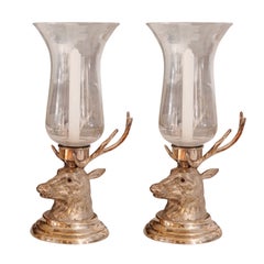 Pair of Deer Head Silver Plated Hurricane Lamps