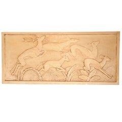 Gilt Stucco Panel of Deers Jumping in the Forest