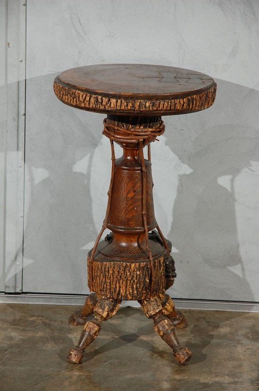 Folk Art Bark Table / Stand on Turned Legs