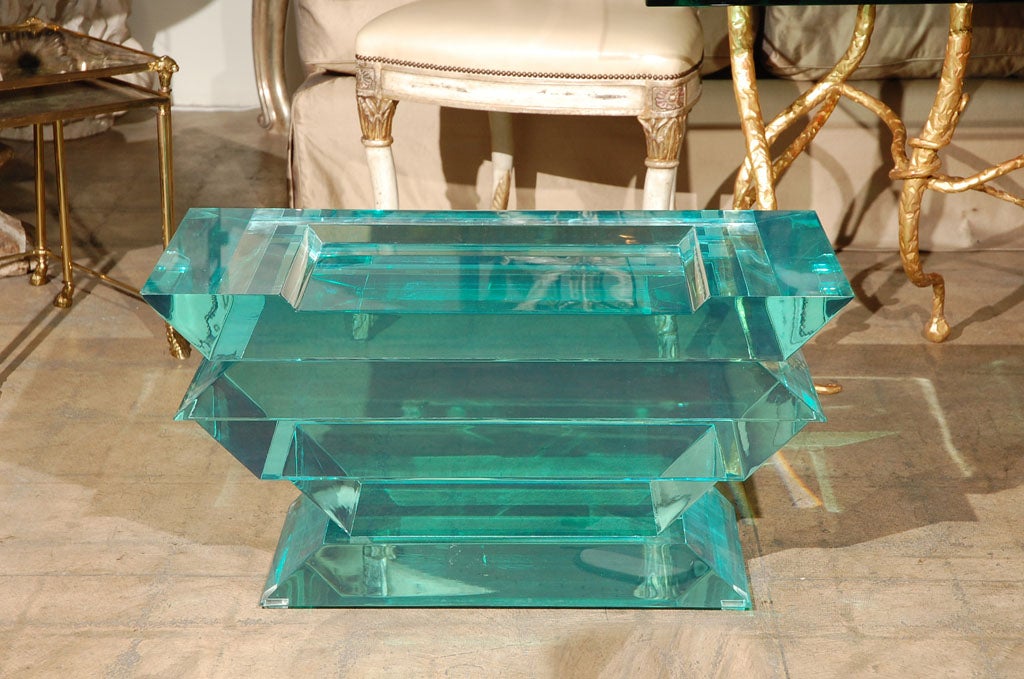 Spectacular Emarald Colored Lucite Glass Coffee Table/Bench.  This brilliant piece refracts light so beautifully that it looks luminous.