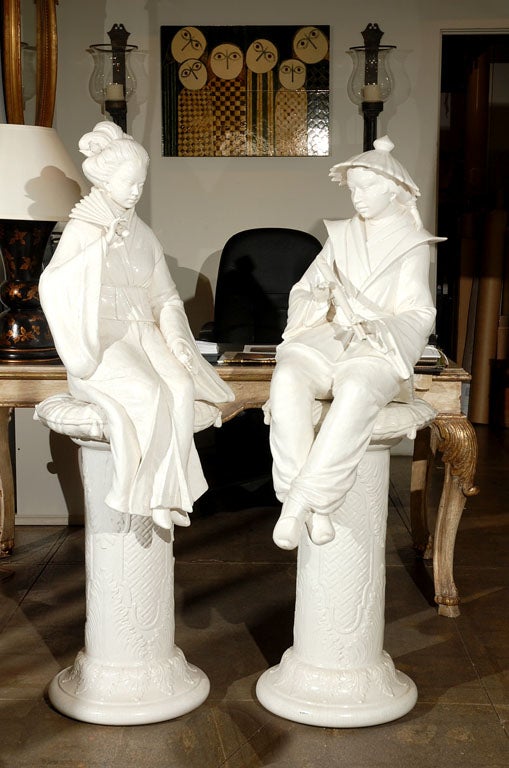 Monumental Pair of Blanc-De-Chine Faience Chinoiserie Figures