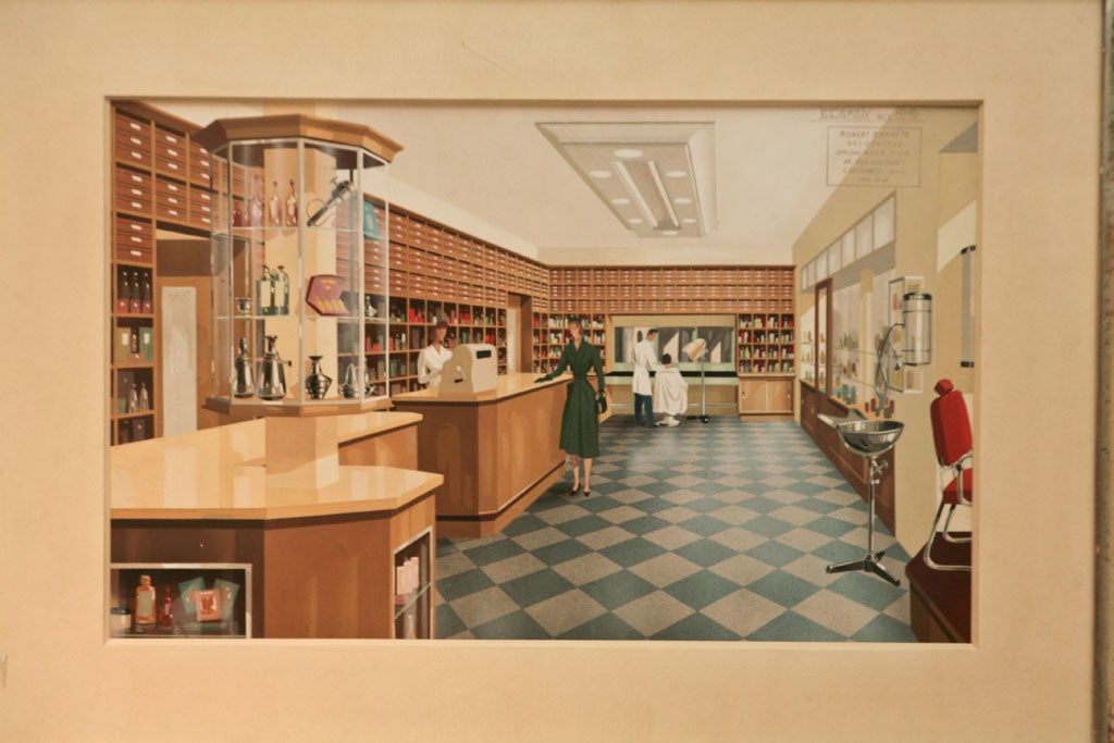 "Diramaix et Cie" framed gouache of 1950's French Hair Salon