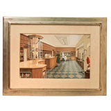 Vintage "Diramaix et Cie" framed gouache of 1950's French Hair Salon