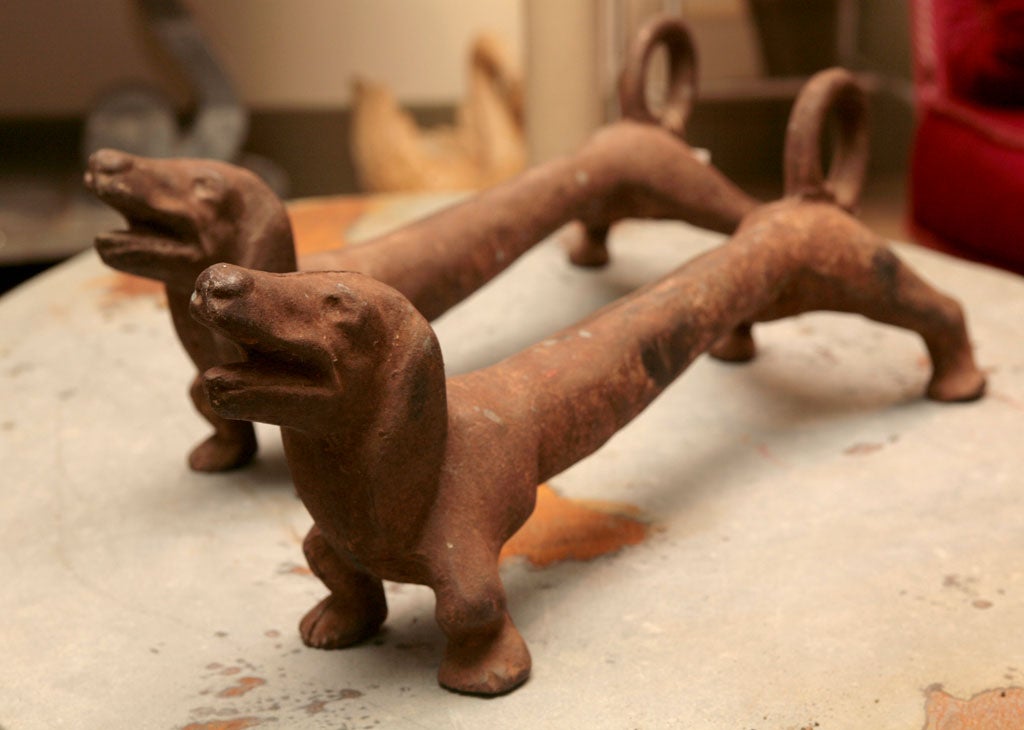 Pair cast iron dachshund andirons