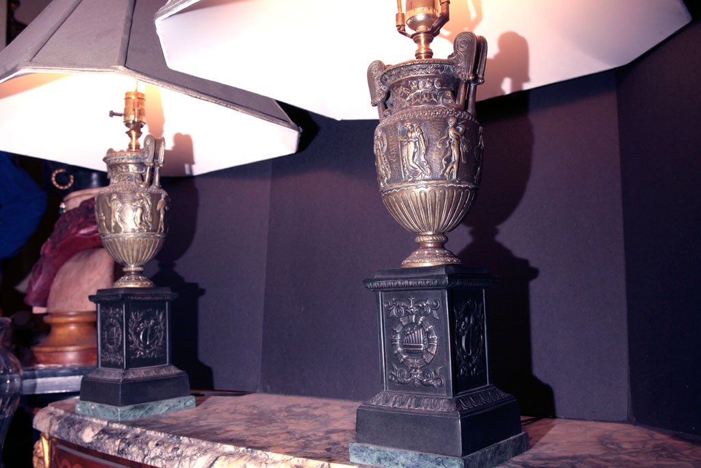 Pair 19th century Bronze Urn Lamps In Good Condition For Sale In Hudson, NY