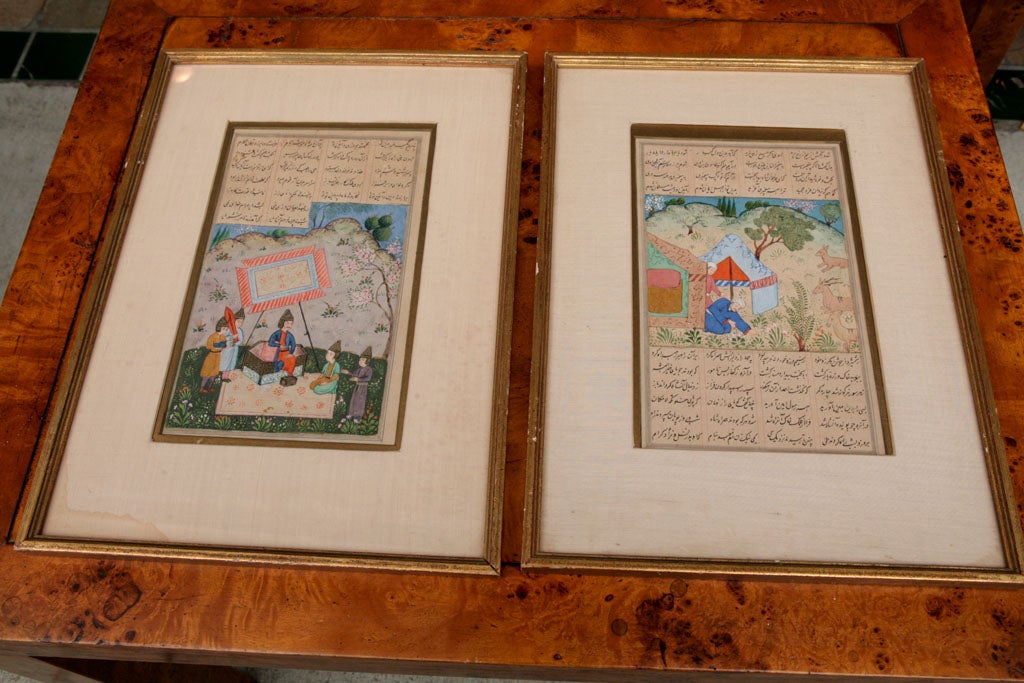 This pair of manuscript pages are 18th century and are done it water colour and gauche. The images are of people in landscapes and the colors are still quite fresh and pleasing. The caligraphy is also very fine and in a free flowing hand. Obviously