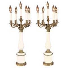 Pair of Milk Glass and Bronze Candelabra Lamps 9