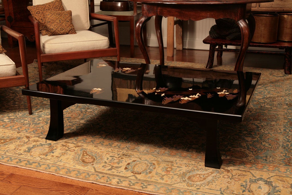 Japanese Lacquer iris design with inlay mother of Pearl  table. circa 1930.