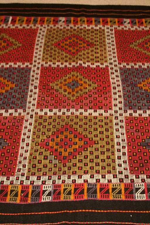 A Vintage Van Gogh Styled Blocked Kilim Carpet with Red, Chartreuse, Blue, and Orange Details
