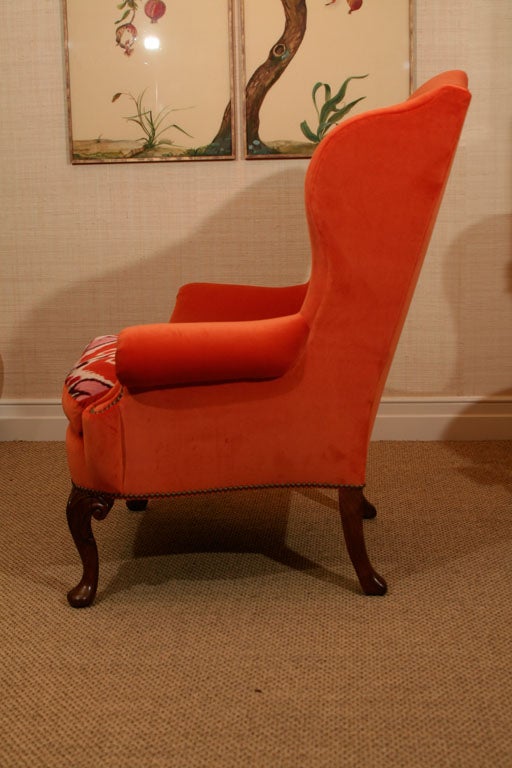 Silk Late 19th Century Walnut Wing Armchair on Moulded Cabriole Legs