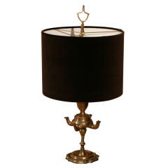 Antique An 18th Century Italian Brass Oil Lamp with Brown Shade