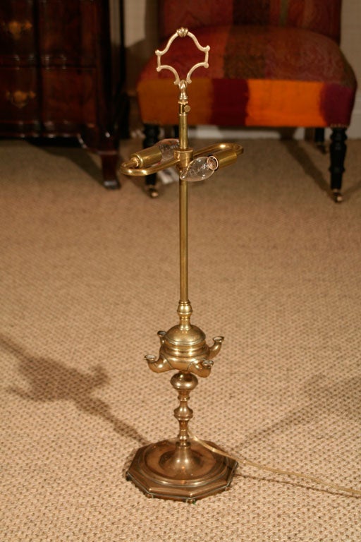 An 18th Century Italian Brass Oil Lamp with Tartan Shade In Good Condition In Palm Beach, FL