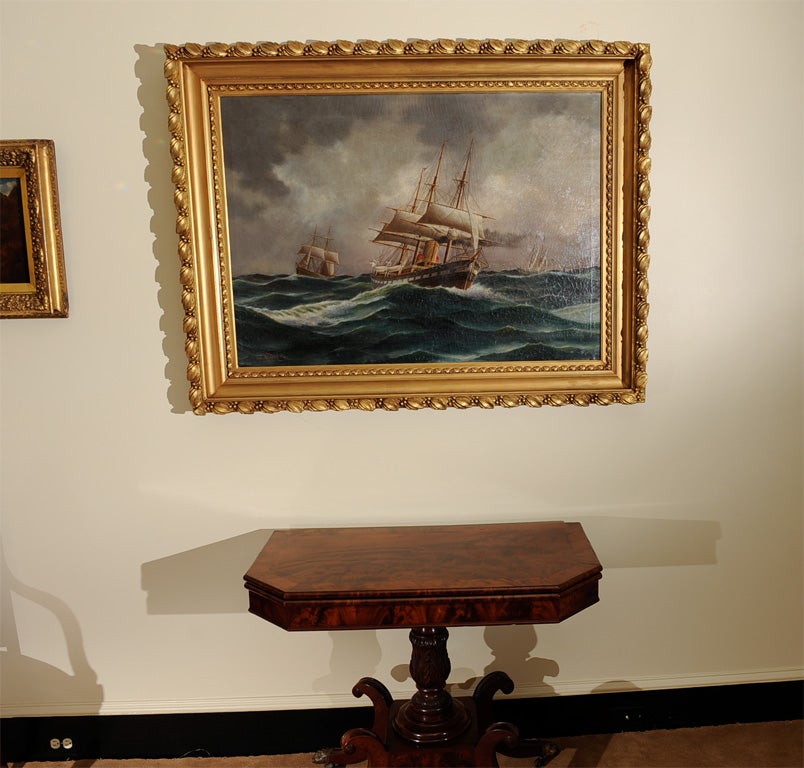JANUARY SALE ITEM! Painting of ships in a North Sea storm - main ship is a hybrid sailing/steam ship.  Signed lower left: F. Müller, artist born 1814, served as a German naval officer, emigrated to U.S. about 1860 and died during Civil War, has a