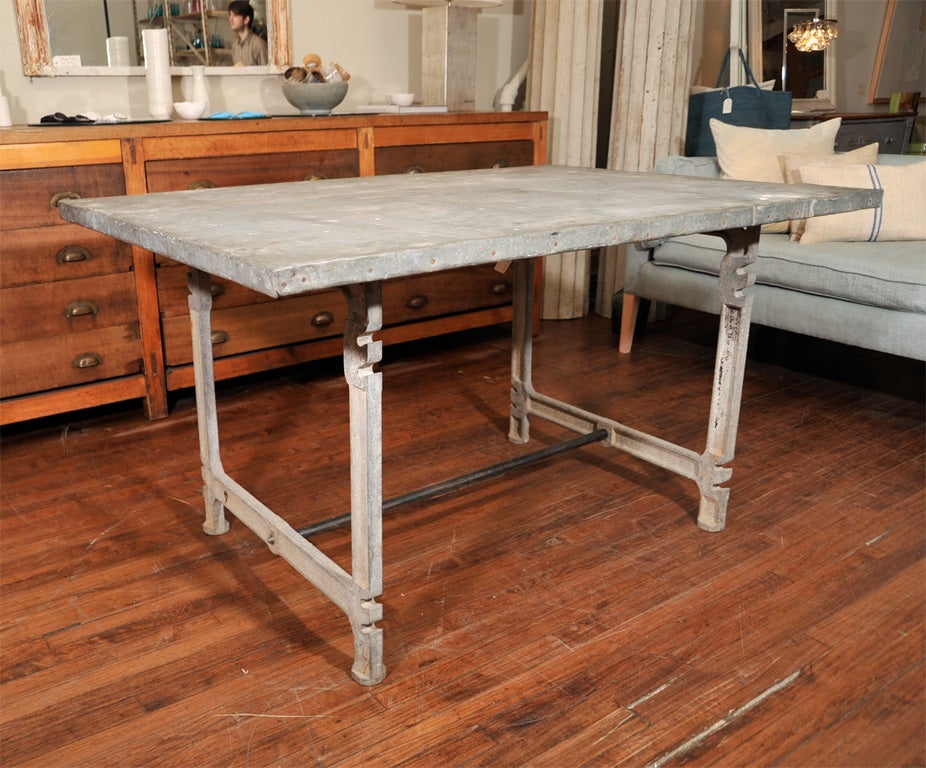 c1920 Zinc Clad French Work Table with cast Aluminum Base