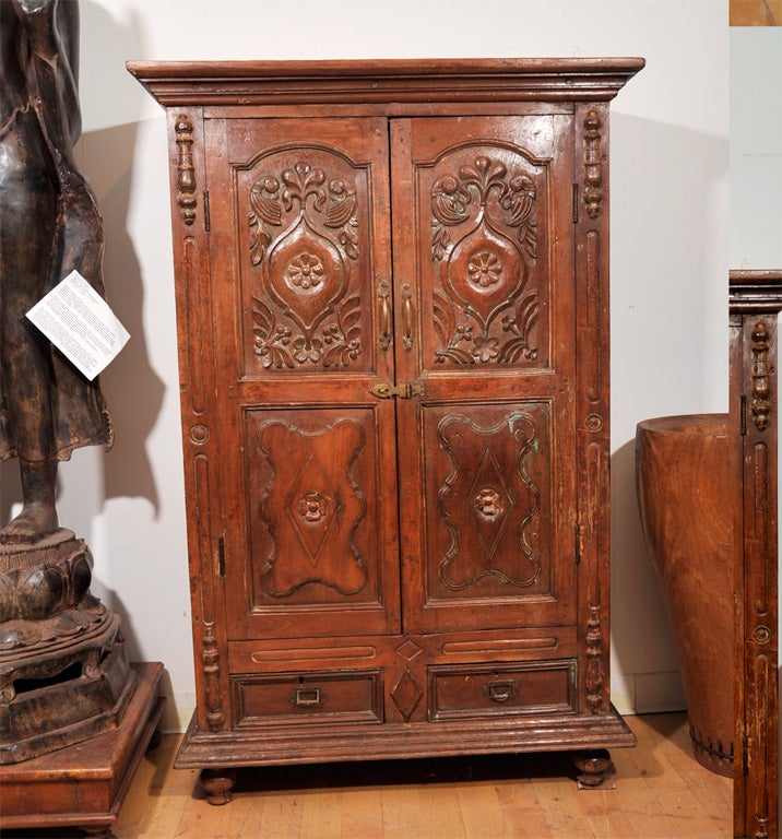 Teak Carved Armoire w/ Double Drawers