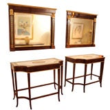 A Pair of Parcel Gilt Mahogany and Scagliola Consoles & Mirrors