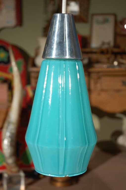 Six Mid Century Hanging Aqua Case Glass Lights