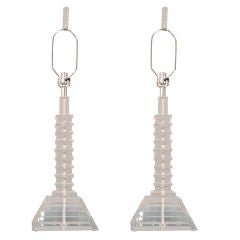 PAIR OF TALL LUCITE LAMPS WITH A PYRAMID BASE