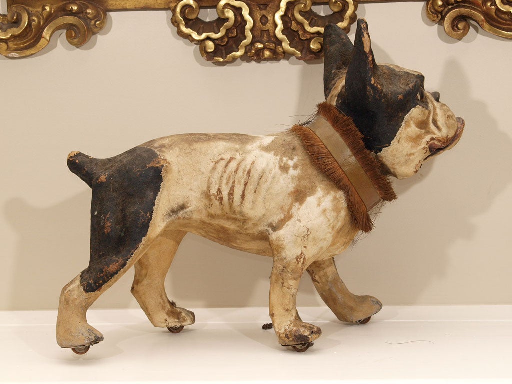 French TALKING PAPIER MACHE FRENCH BULLDOG PULL TOY