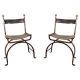 Antique Pair of Early 19th Century Iron and Leather Side Chairs