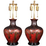 Pair of hand thrown pottery vases as lamps with overlay glaze