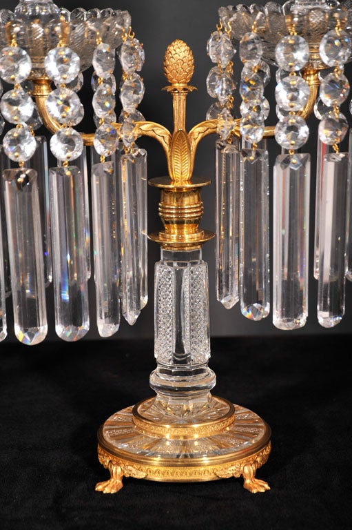 Crystal Pair of English Regency crystal candelabra For Sale