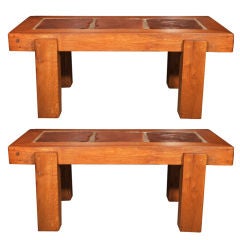 Pair of Oak and Ceramic Tile Tables