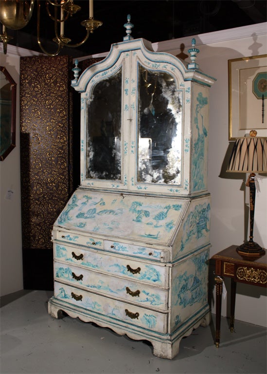 A very chic, blue and white hand painted secretary cabinet, in the Chinoiserie style. Fine custom quality interior.