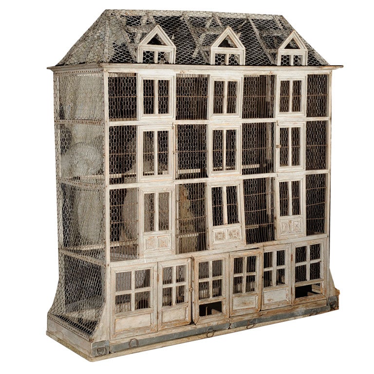 Birdcage, large, French, weathered wood and chicken wire For Sale