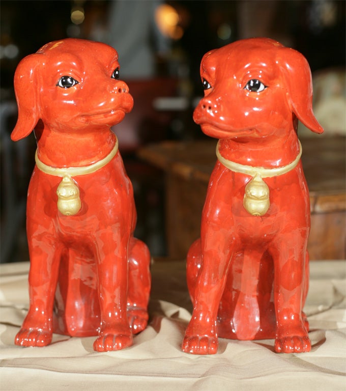 PAIR OF RED COLOR GLAZED PORCELIN DOGS- IDEAL FOR LAMP BASES OR ACCESSORIES