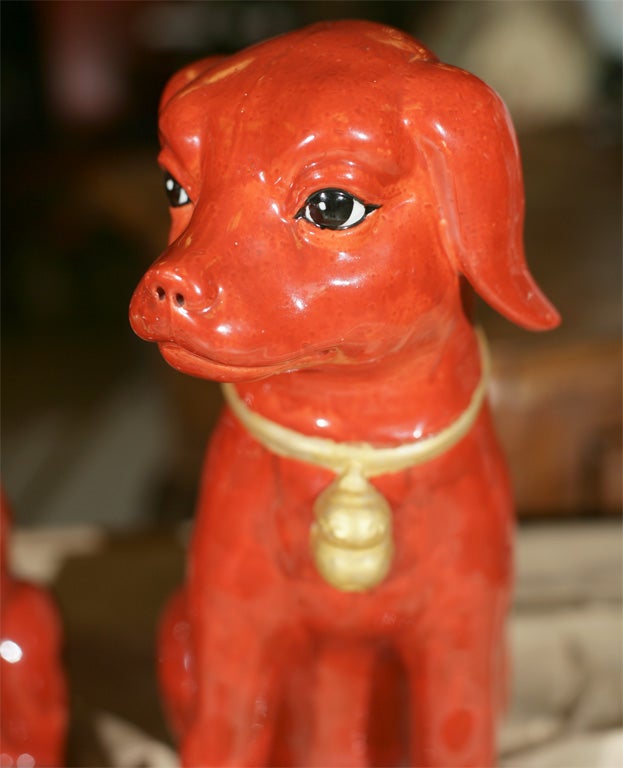 Chinese Pair Of Red Glazed Porcelain  Dogs For Sale